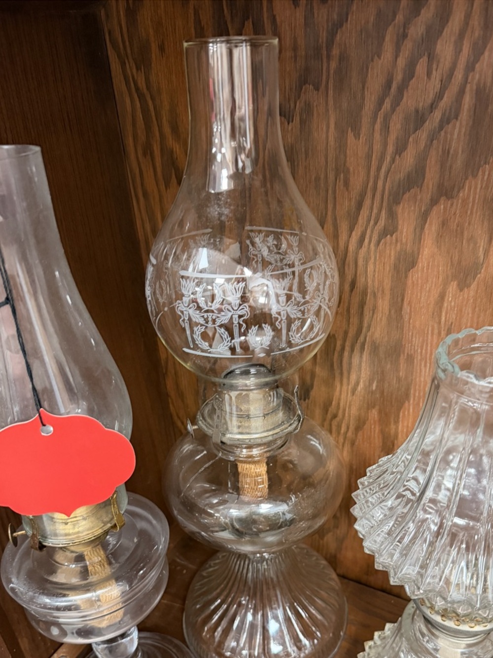 Source Unknown Clear Etched Glass Hurricane Lantern very old